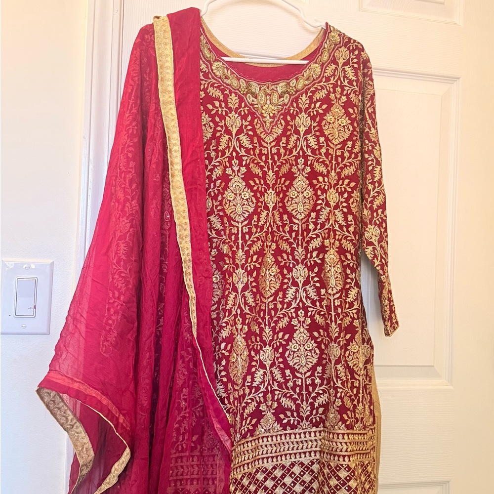 Elegant purple and Gold Embroidered gharara Dress